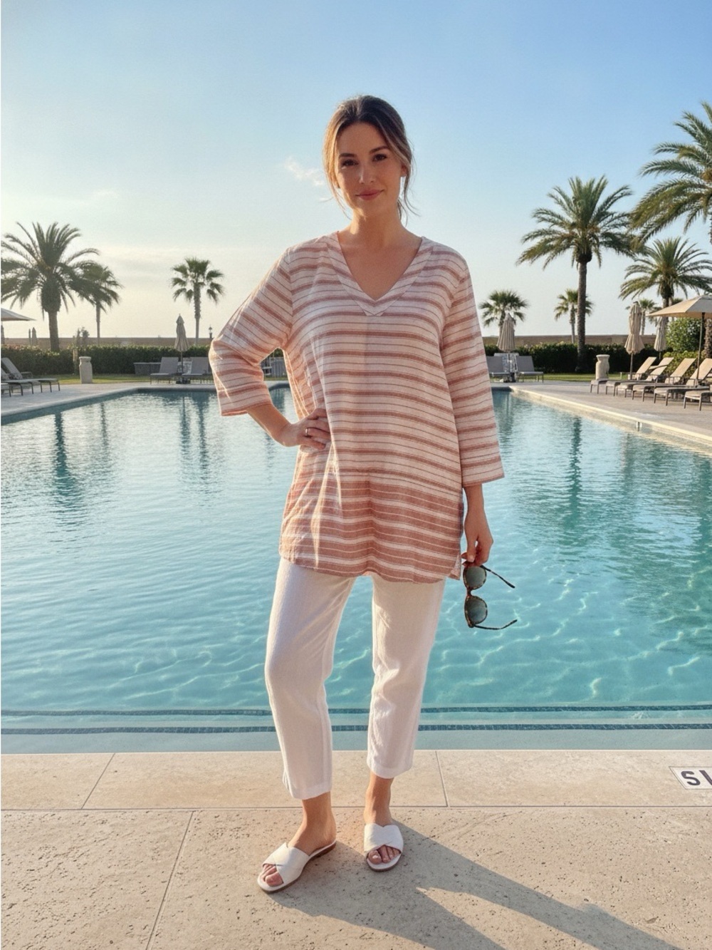 Eddie Bauer Women’s Beach Light Linen 3/4 Sleeve Tunic Adobe Stripe Medium